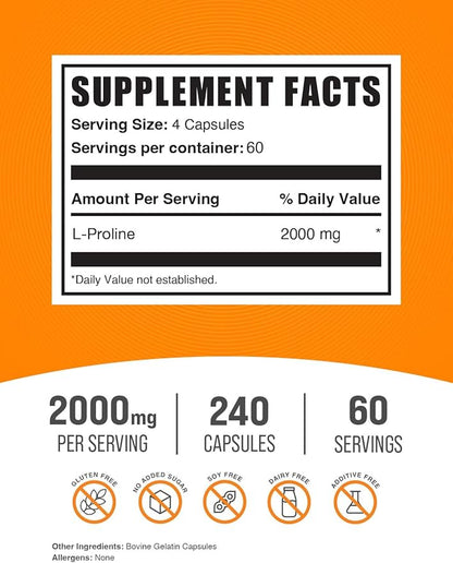 BulkSupplements.com L-Proline Capsules - Amino Acid Supplement, L-Proline 2000mg, Proline Supplements - Gluten Free, 4 Capsules per Serving, 240 Count (Pack of 1)