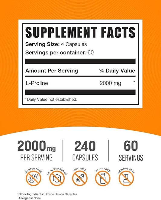 BulkSupplements.com L-Proline Capsules - Amino Acid Supplement, L-Proline 2000mg, Proline Supplements - Gluten Free, 4 Capsules per Serving, 240 Count (Pack of 1)