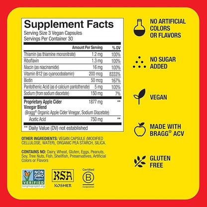 Bragg Energy Apple Cider Vinegar Capsules with B-12 Vitamins - 90 Capsules (2 Pack) – Weight Management - Non-GMO, Vegan, Gluten Free - Helps Generate Energy at Cellular Level for Men and Women
