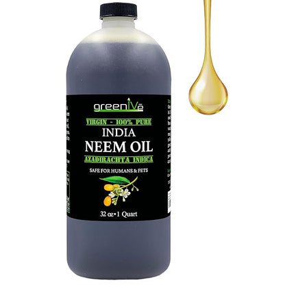 GreenIVe 100% Organically Grown Neem Oil, Cold-Pressed Virgin, Pure & Natural, 32 oz - Ideal for Gardening, Skin Care, Hair Care & Pet Care