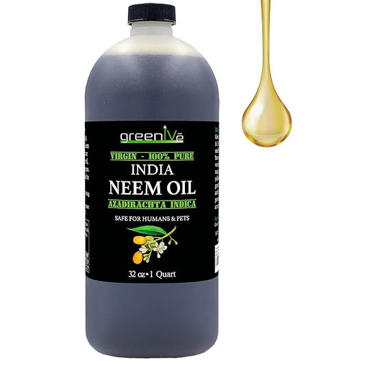 GreenIVe 100% Organically Grown Neem Oil, Cold-Pressed Virgin, Pure & Natural, 32 oz - Ideal for Gardening, Skin Care, Hair Care & Pet Care