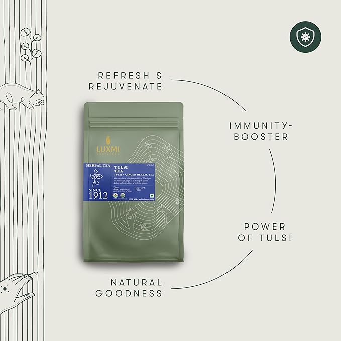 Luxmi Estates, Organic Tulsi Tea, 50 Tea Bags, Caffeine Free, Non-GM and Organic, for Immunity, Inflammation, and Stress Relief