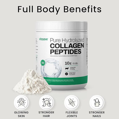 Collagen Peptides Powder – 10g Hydrolyzed Collagen per Serving – Unflavored, Grass-Fed, Keto Friendly – Skin, Hair, Nails & Joint Support – 500g
