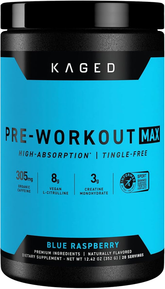 Kaged Pre Workout MAX Powder | Blue Raspberry | Tingle Free, High Stim Pre-Workout | 305 mg Caffeine, Creatine, L-Citrulline | MAXCatalyst for Absorption | Supplements for Men & Women | 20 Servings