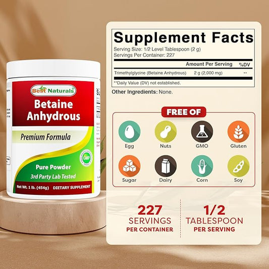 Best Naturals Betaine Anhydrous Trimethylglycine (TMG) Pure Powder 1 Pound (1 LB (Pack of 1))