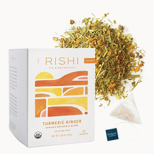 Rishi Tea Turmeric Ginger Herbal Tea - Organic Sachet Bags, Caffeine Free Ayurvedic Digestive Blend with Spicy Ginger & Citrus - 15 Count (Pack of 1)