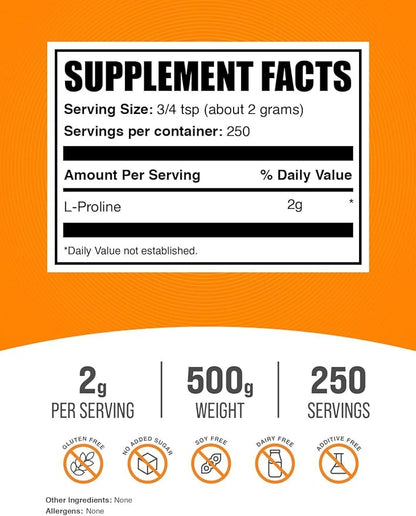 BulkSupplements.com L-Proline Powder - Proline Supplements, Amino Acid Powder - Unflavored & Gluten Free, 2g per Serving, 500g (1.1 lbs) (Pack of 1)