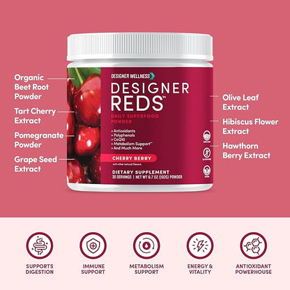 Designer Wellness, Designer Reds, Daily Superfood Powder with Beet Root, Support for Energy, Stress, Immune Health, Heart Health, and Digestive Health, Cherry Berry, 30 Servings