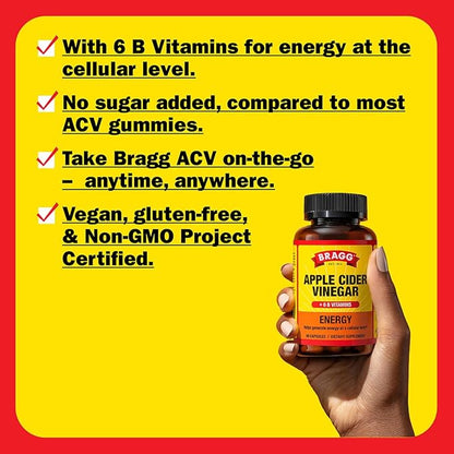 Bragg Energy Apple Cider Vinegar Capsules with B-12 Vitamins - 90 Capsules (2 Pack) – Weight Management - Non-GMO, Vegan, Gluten Free - Helps Generate Energy at Cellular Level for Men and Women