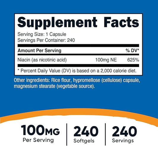 Nutricost Niacin (Vitamin B3) 100mg, 240 Capsules - with Flushing, Non-GMO, Gluten Free