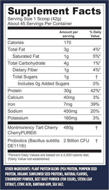 Vega Sport Vegan Protein Powder + Recovery - 30g Plant Based Protein per Serving, Berry, 45 Servings, 5g BCAAs, Probiotics, NSF Certified, For Shakes & Smoothies, 4.2lbs (Packaging May Vary)