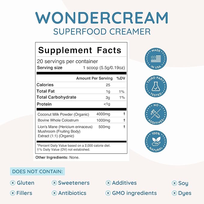 Bovine Colostrum Superfood Creamer Supplement Powder w/Organic Lions Mane Mushroom & Coconut Milk Powder MCTs | Functional Sugar Free Keto Coffee, Smoothie & Drink Mix Unsweetened