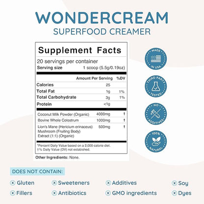 Bovine Colostrum Superfood Creamer Supplement Powder w/Organic Lions Mane Mushroom & Coconut Milk Powder MCTs | Functional Sugar Free Keto Coffee, Smoothie & Drink Mix Unsweetened