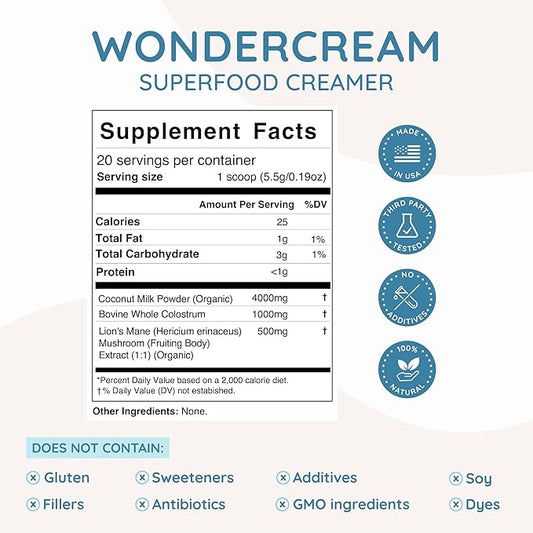 Bovine Colostrum Superfood Creamer Supplement Powder w/Organic Lions Mane Mushroom & Coconut Milk Powder MCTs | Functional Sugar Free Keto Coffee, Smoothie & Drink Mix Unsweetened