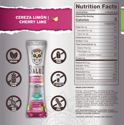 Salud 2-in-1 Energy Drink Powder + Focus, Cherry Lime, Organic Caffeine, B6 + B12, Theanine, Clean Energy Drink Packets, Agua Fresca Mix, Non-GMO, Gluten Free, Vegan, 1g of Sugar, (15 Servings)