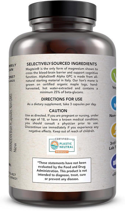 AMANDEAN Brain Supplement. Nootropic Cognitive Support for Memory, Focus, Clarity. Magnesium L-Threonate (Magtein), Lion's Mane Mushroom Extract, Alpha GPC Choline Complex. 90 Veggie Capsules.
