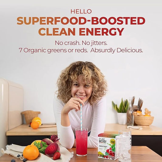 Pureboost Superfoods Clean Energy Booster, Refreshing Energy Drink Mix with 7 Organic Red Superfoods; Beet, Hibiscus, Pomegranate and Vitamins. Sugar-Free, No Sucralose (Red Burst, 30 Count)