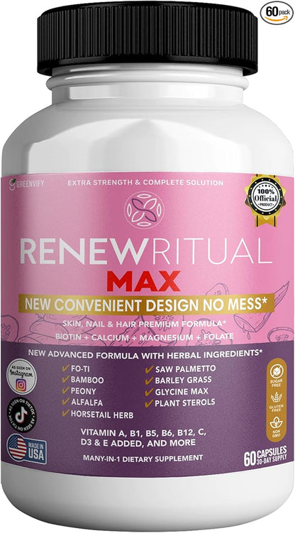 Renew Ritual Max, Hair Skin Nails Supplement, 60 Capsules, Vitamins A B C D E with Biotin (1)