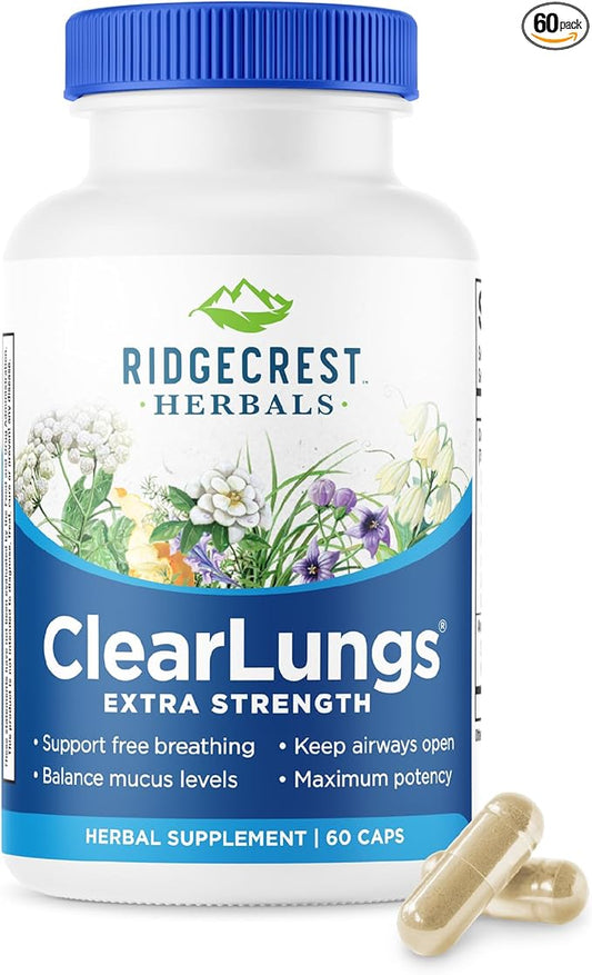 RidgeCrest Herbals ClearLungs Extra Strength, Natural Lung, Nasal Health Formula, Bronchial, Respiratory, Sinus, Mucus Support (60 Caps, 30 Serv)