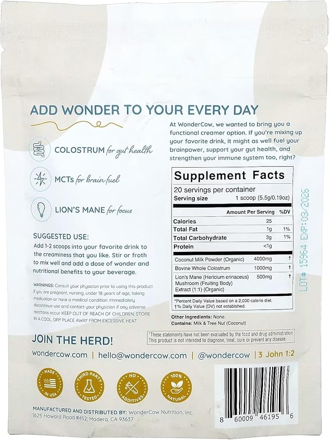 Bovine Colostrum Superfood Creamer Supplement Powder w/Organic Lions Mane Mushroom & Coconut Milk Powder MCTs | Functional Sugar Free Keto Coffee, Smoothie & Drink Mix Unsweetened