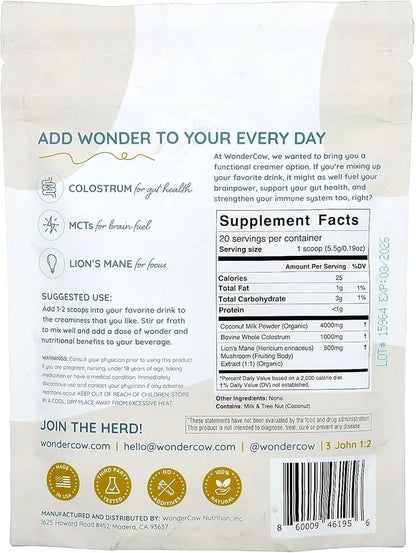 Bovine Colostrum Superfood Creamer Supplement Powder w/Organic Lions Mane Mushroom & Coconut Milk Powder MCTs | Functional Sugar Free Keto Coffee, Smoothie & Drink Mix Unsweetened