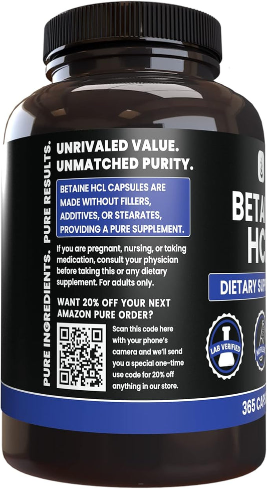 PURE ORIGINAL INGREDIENTS Betaine HCL (365 Capsules) No Magnesium Or Rice Fillers, Always Pure, Lab Verified