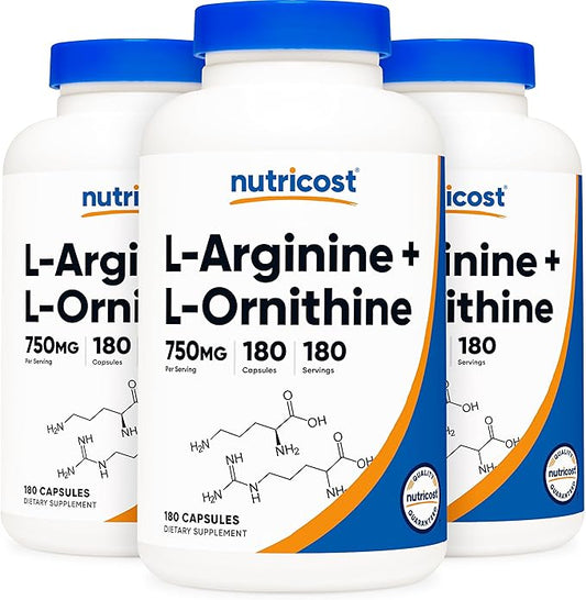 Nutricost L-Arginine L-Ornithine 750mg; 180 Capsules (3 Bottles)