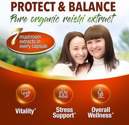 LABO Nutrition Bioactive Organic Lingzhi Reishi Ultra 7 Mushroom Extract Supplement Reishi Cordyceps Maitake Turkey Tail Agaricus blazei Murill Shiitake for Immune Support, Vitality, USDA Organic