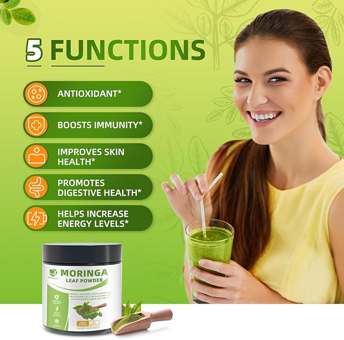 Organic Moringa Powder & Matcha Powder, Multi-Green Superfoods with Green Tea Resveratrol - Energy and Digestive Support, Rich in Antioxidants and Vitamin A D3 E B6 B12 Calcium, Non-GMO, Vegan, 5.6 oz