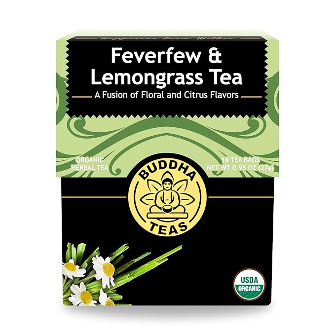 Buddha Teas - Feverfew & Lemongrass - Organic Herbal Tea - For Cognitive Balance & Overall Health - With Essential Minerals & Vitamins - Caffeine Free - 100% Kosher & Non-GMO - 18 Tea Bags (Pack of 1)
