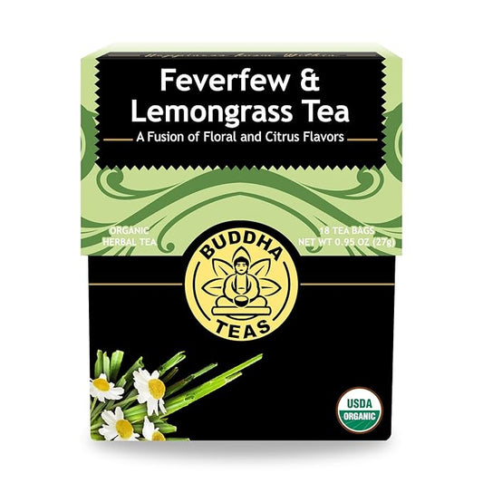 Buddha Teas - Feverfew & Lemongrass - Organic Herbal Tea - For Cognitive Balance & Overall Health - With Essential Minerals & Vitamins - Caffeine Free - 100% Kosher & Non-GMO - 18 Tea Bags (Pack of 1)