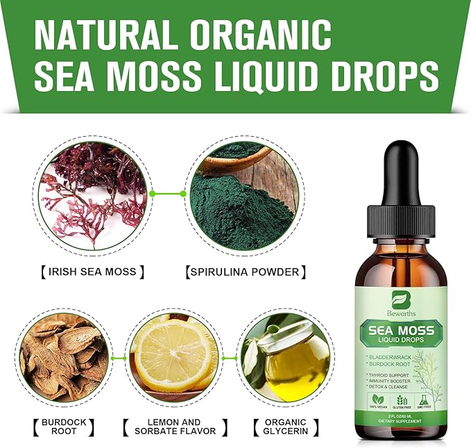 Sea Moss Liquid Drops - Organic Irish Sea Moss Gel with Spirulina, Bladderwrack, Burdock Root, Seamoss Gel Supplement for Joint, Detox Cleanse & Digestion Support - 2 Fl Oz, Vegan