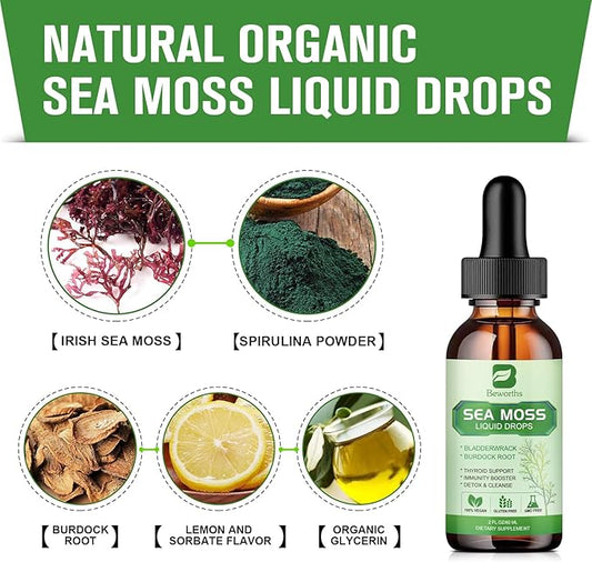 Sea Moss Liquid Drops - Organic Irish Sea Moss Gel with Spirulina, Bladderwrack, Burdock Root, Seamoss Gel Supplement for Joint, Detox Cleanse & Digestion Support - 2 Fl Oz, Vegan