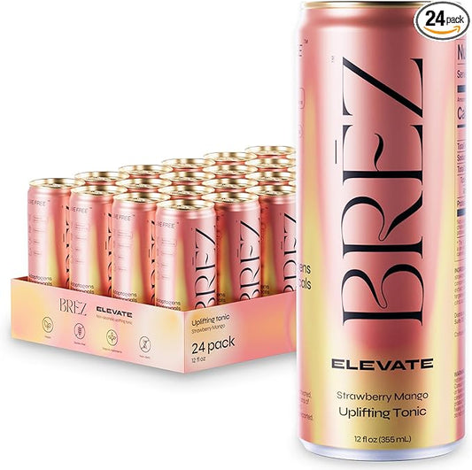 BRĒZ ELEVATE Cordyceps Mushroom Drink, Non-Infused Uplifting Tonic with Cordyceps, Guayusa, Maca & Ginseng, Vegan Adaptogen Drink for Focus, Drive & Mental Clarity, Strawberry Mango, 12 fl oz, 24 Pack