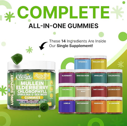 Clean Nutra Mullein Elderberry Chlorophyll Spirulina Sea Moss Gummies | 60 Count Vegan Gummy Supplement for Adults | Plant-Based Formula with Irish Moss, Herbal Extracts, and Superfood Greens