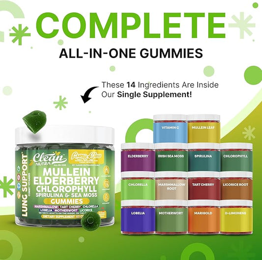 Clean Nutra Mullein Elderberry Chlorophyll Spirulina Sea Moss Gummies | 60 Count Vegan Gummy Supplement for Adults | Plant-Based Formula with Irish Moss, Herbal Extracts, and Superfood Greens