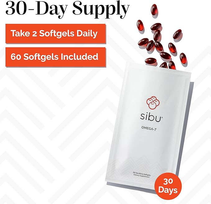 sibu Sea Buckthorn Omega-7 Softgels (30-Day Refill Sachet) – Supplement for Healthy Skin, Hair, Nails and Dryness