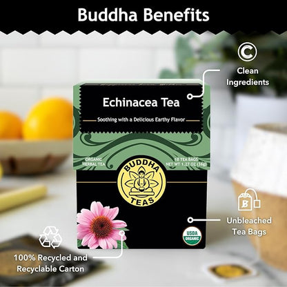 Buddha Teas - Organic Echinacea Tea - Herbal Tea - Immune Boosting - With Antioxidants & Minerals - Clean Ingredients - Caffeine Free - 18 Tea Bags (Pack of 1)