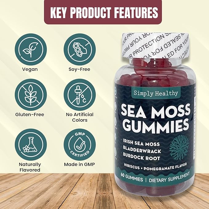 Premium Sea Moss Gummies, Irish Sea Moss Supplement with Bladderwrack and Burdock Root, Vegan Support Detox Gummies, Plant-Based Wellness, for Gut Health, Superfood 60ct
