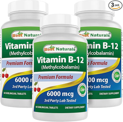 Best Naturals Vitamin B-12 as Methylcobalamin (Methyl B12), 6000 mcg 60 Sublingual Tablets (60 Count (Pack of 3))