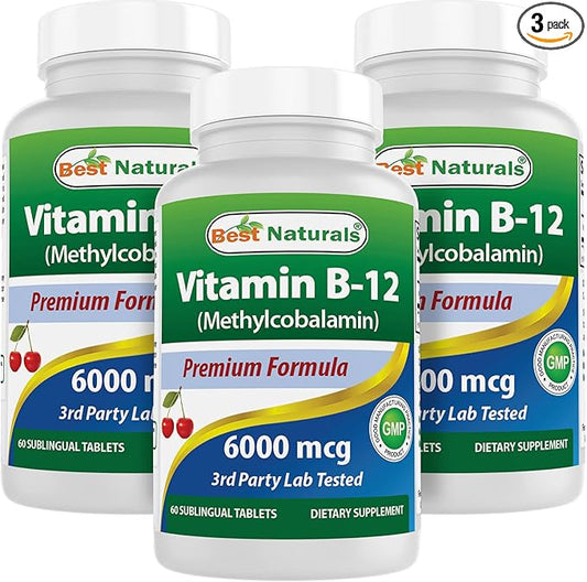 Best Naturals Vitamin B-12 as Methylcobalamin (Methyl B12), 6000 mcg 60 Sublingual Tablets (60 Count (Pack of 3))