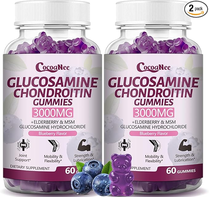 2 Packs 3000MG Glucosamine Chondroitin Gummies, Extra Strength Joint Support Supplement with MSM & Elderberry, Flexibility, Antioxidant Immune Support Gummy for Adults, Men & Women 120Cts