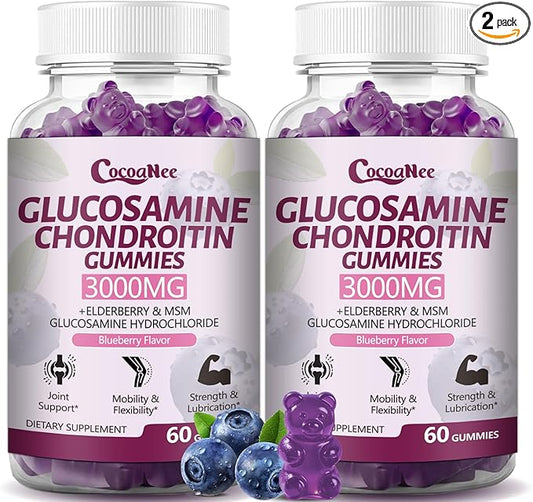 2 Packs 3000MG Glucosamine Chondroitin Gummies, Extra Strength Joint Support Supplement with MSM & Elderberry, Flexibility, Antioxidant Immune Support Gummy for Adults, Men & Women 120Cts