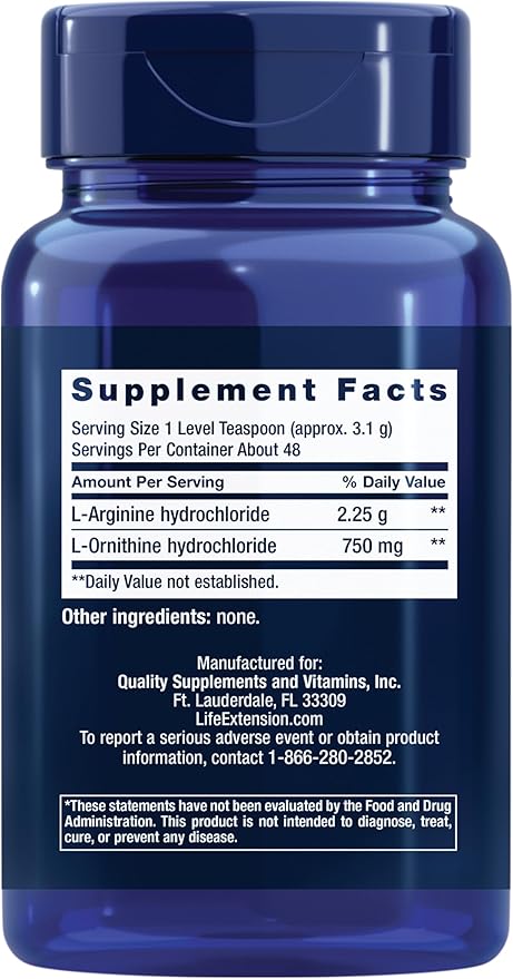 Life Extension Arginine Ornithine Powder, Promotes Muscle Health & Recovery, Gluten Free, Non-GMO, net Weight 150 Grams