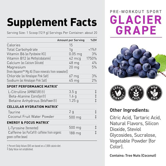 Kaged Sport Pre Workout Powder for Men & Women, Glacier Grape, Sport Certified, 188mg Caffeine, Nitric Oxide Supplement, Beta Alanine for Energy, Weightlifting, Cardio Endurance, Strength, 20 Servings