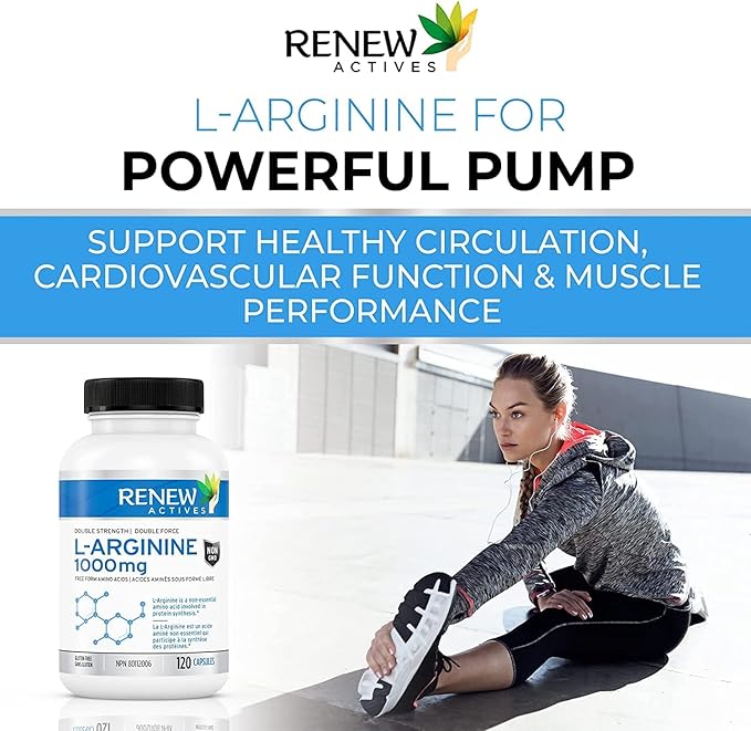 Renew Actives L-Arginine Supplement 1000MG for Serving - Strength & Endurance, Essential for Protein Synthesis & Muscle Function, Physical Performance Booster - Made in Canada - 120 Tablets