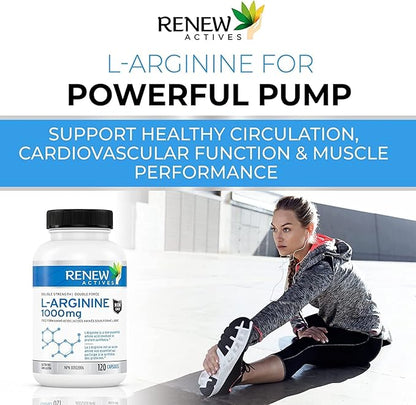 Renew Actives L-Arginine Supplement 1000MG for Serving - Strength & Endurance, Essential for Protein Synthesis & Muscle Function, Physical Performance Booster - Made in Canada - 120 Tablets