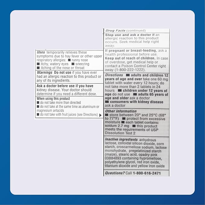 MAJOR Fexofenadine Hydrochloride Tablets USP, 60 mg - Non-Drowsy Allergy Medicine - Antihistamine - 12 Hour Indoor/Outdoor Allergy Relief - 100 Tablets