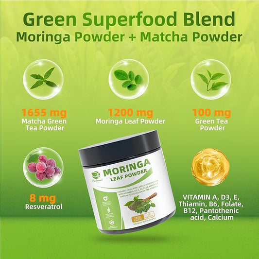 Organic Moringa Powder & Matcha Powder, Multi-Green Superfoods with Green Tea Resveratrol - Energy and Digestive Support, Rich in Antioxidants and Vitamin A D3 E B6 B12 Calcium, Non-GMO, Vegan, 5.6 oz