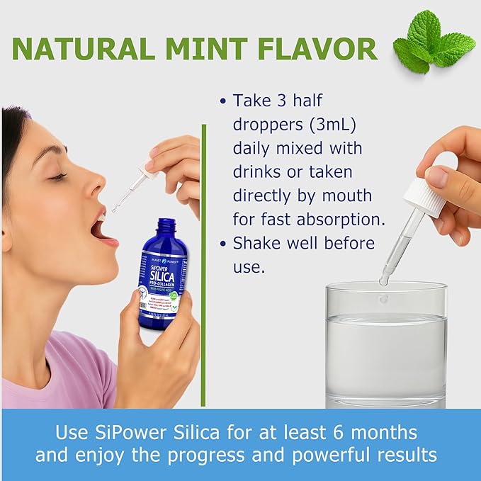 SiPower Silica Vegan Collagen, Supplement Drops-Liquid Mineral Orthosilicic Acid (CH-OSA) + Fulvic Acid. Natural Collagen Booster for Joints, Bones, Hair, Skin, Nails, Immune & Digestive Health-4oz